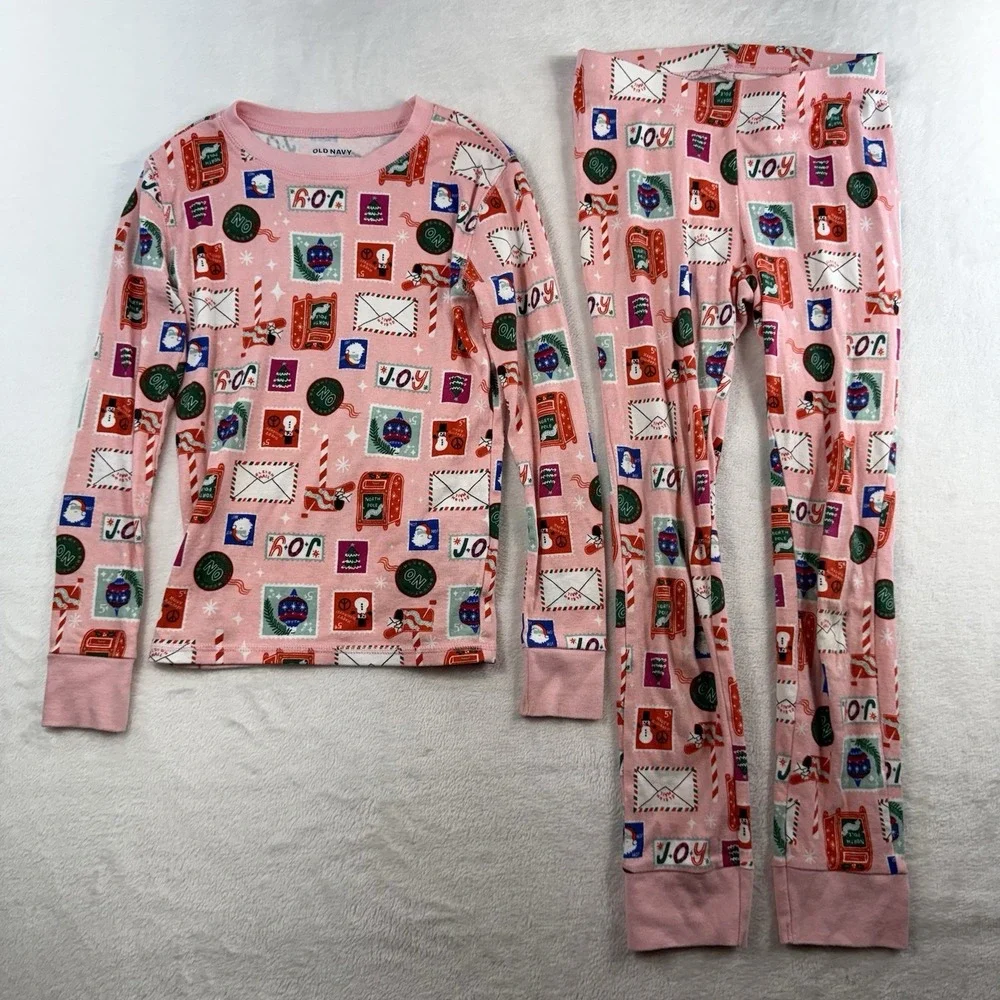 Old Navy Kids L‎ 10 Pajamas Set 2 Piece Holiday Christmas Pink Matching Snug-Fit